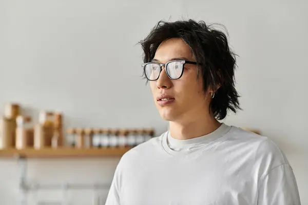 Un guapo joven asiático se encuentra pensativamente en un elegante apartamento, inmerso en sus alrededores. - foto de stock