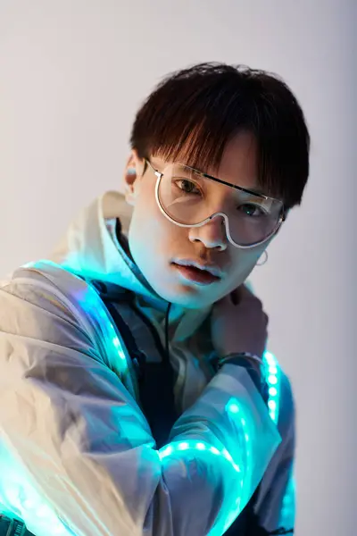 A fashionable young Asian man poses with illuminated accessories, showcasing a confident look. — Stock Photo