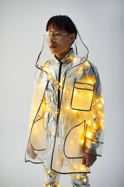 A young handsome Asian man stands confidently in a luminous outfit, radiating joy and style. — Stock Photo