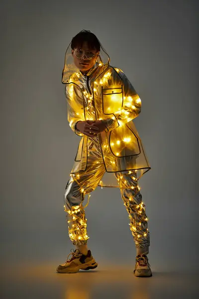 Stylish young man stands confidently, lit by vibrant lights in a unique fashion statement. — Stock Photo
