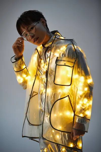 A fashionable young Asian man poses confidently in a light up raincoat, showcasing his unique style. — Stock Photo