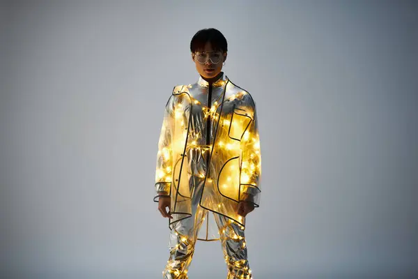 A young, stylish Asian man stands confidently, glowing with twinkling lights in a creative ambiance. — Stock Photo