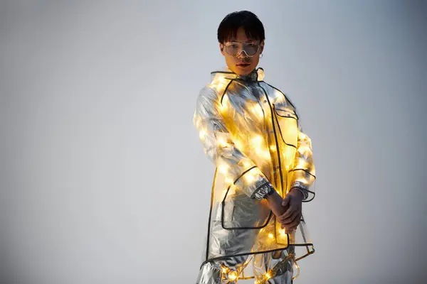 A young, stylish Asian man showcases his dazzling coat, radiating confidence. — Stock Photo