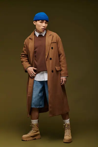 A handsome young Asian man models modern fashion in an oversized coat and denim shorts. — Stock Photo