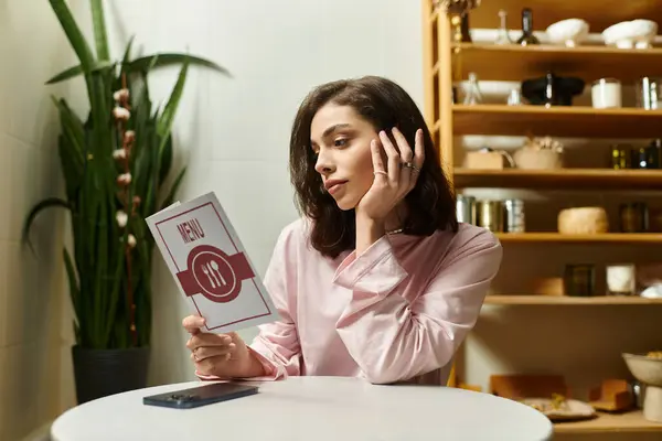 A young woman reads the menu at a modern cafe, surrounded by a stylish interior. — Stock Photo