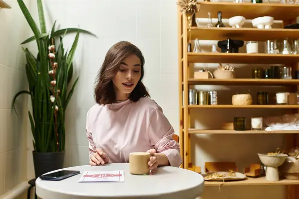A pretty young woman sits in a cozy modern cafe, holding a drink and savoring the ambiance. — Stock Photo