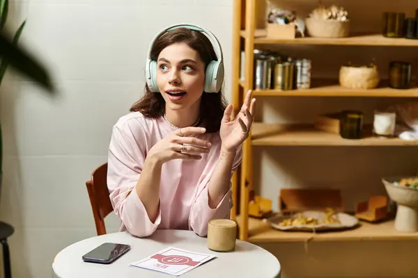 Jovem bonita desfruta de uma tarde relaxada em um café contemporâneo, ouvindo música. — Fotografia de Stock