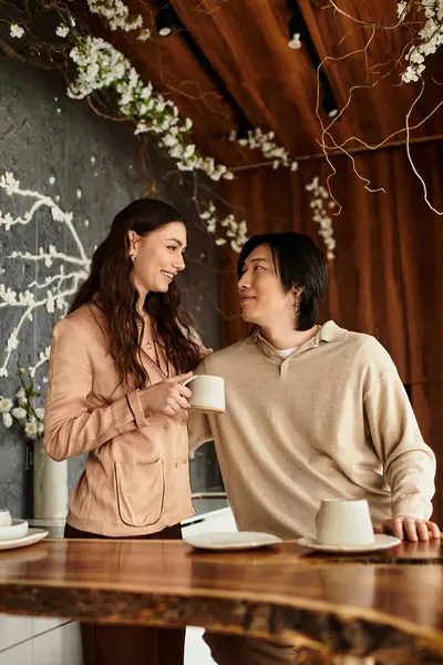 Loving couple joyfully plans their wedding in a cozy cafe atmosphere. — Stock Photo