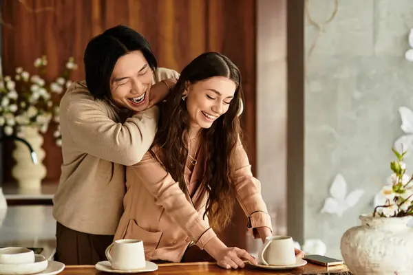 A couple joyfully engages in wedding preparations, filled with vibrant emotions and love. — Stock Photo