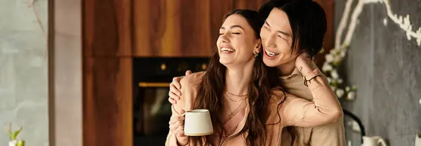 Loving couple shares a moment of joy while planning their wedding in an inviting atmosphere. — Stock Photo