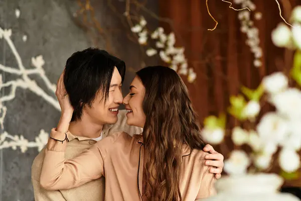 Couple shares sweet moments while preparing for their beautiful wedding day. — Stock Photo
