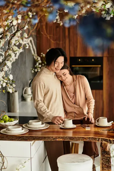 Dans une jolie cuisine, un couple se prépare joyeusement à leur mariage, partageant rires et amour. — Photo de stock