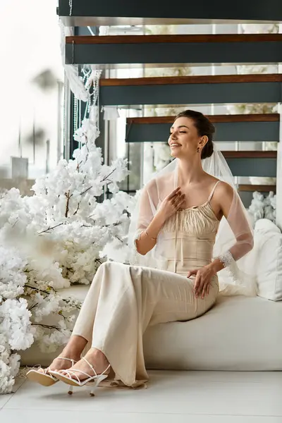 A beautiful bride smiles amid soft flowers and elegant decor in a modern setting. — Stock Photo