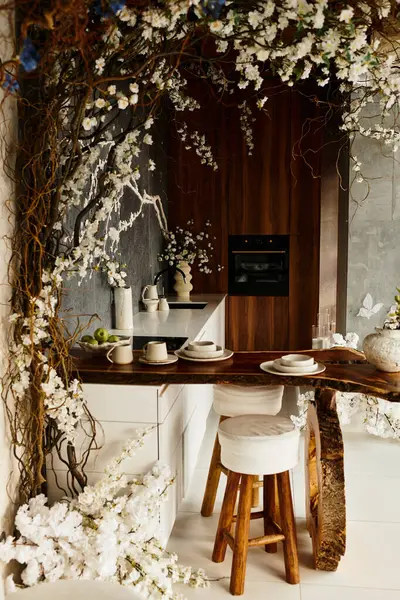 Vibrant wedding decorations brighten the kitchen, creating an enchanting celebration atmosphere. — Stock Photo