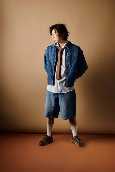 Asian man in trendy spring outfits poses confidently in a studio with a warm backdrop. — Stock Photo