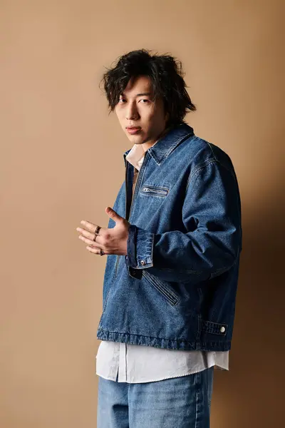 A confident Asian man presents his trendy spring outfit, highlighting modern styles in a studio. — Stock Photo