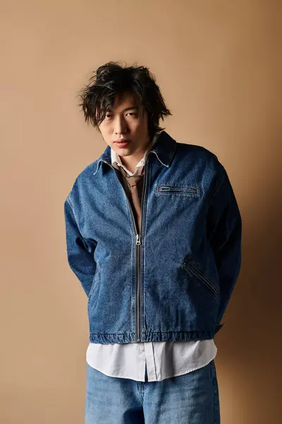 An Asian man models trendy spring clothes in a stylish studio, reflecting modern fashion choices. — Stock Photo