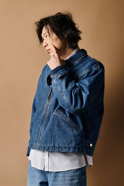 An asian man models trendy spring attire in a stylish studio, exuding confidence and flair. — Stock Photo