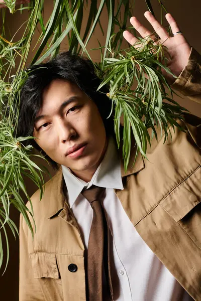 An asian man showcases trendy spring attire amidst lush greenery indoors, exuding confidence. — Stock Photo