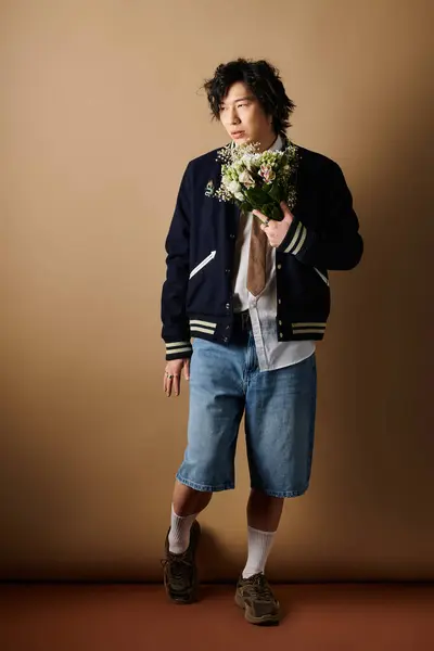 A fashionable Asian man presents a spring outfit in a creative studio atmosphere, holding flowers. — Stock Photo