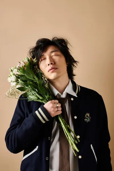 Dressed in chic spring fashion, an asian man poses in a studio, cradling fresh flowers. — Stock Photo