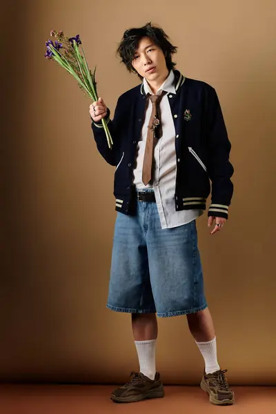 Asian man in trendy spring attire poses in a studio holding fresh flowers, showcasing modern style. — Stock Photo