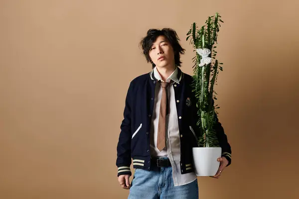 A fashionable Asian man presents a stylish spring outfit while holding a striking plant in a studio. — Stock Photo