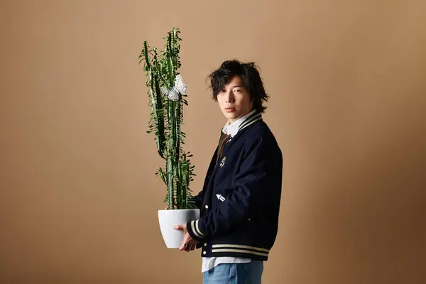 An asian man dressed in stylish spring attire poses confidently with a tall indoor plant. — Stock Photo