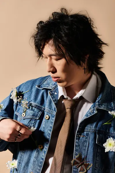 Un uomo asiatico alla moda modella abbigliamento primaverile con accenti floreali in un ambiente creativo studio. — Foto stock