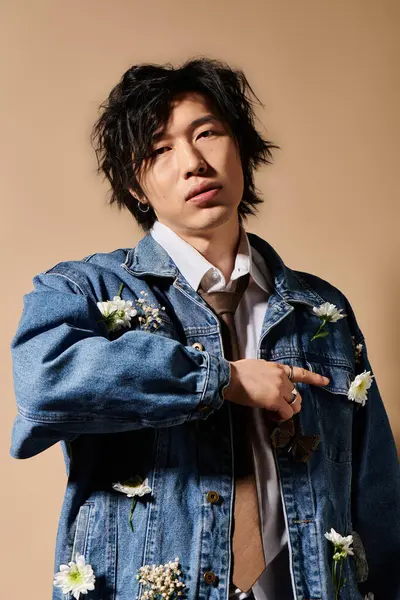 Uomo asiatico trasuda fiducia in un abito alla moda ornato di dettagli floreali, perfetto per la primavera. — Foto stock