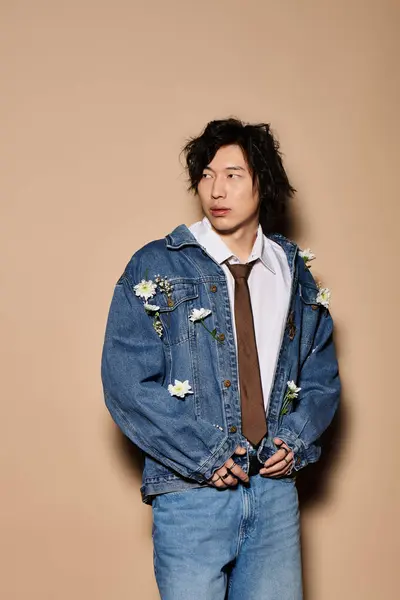 Un uomo asiatico mette in mostra abbigliamento primaverile alla moda in un ambiente elegante monolocale con dettagli floreali. — Foto stock