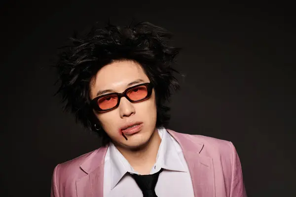 A fashionable Asian man with blood on face displays his unique style in a chic studio setting during springtime. — Stock Photo