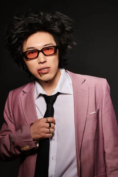 Un homme asiatique avec du sang sur les modèles de visage à la mode printemps avec confiance dans un studio élégant. — Stock Photo