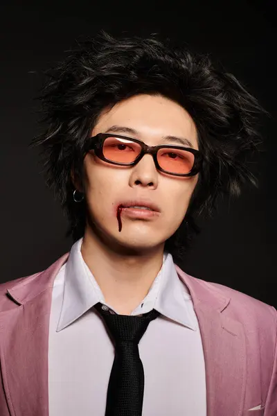 Uomo asiatico con sangue sul viso mette in mostra la moda unica in uno studio elegante, incarnando le tendenze primaverili. — Foto stock
