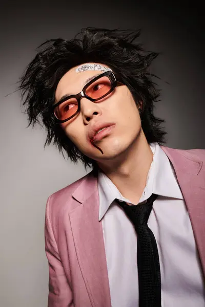 An asian man with blood on face showcases trendy clothing and bold accessories while posing in a stylish studio. — Stock Photo