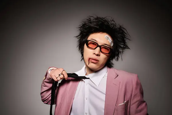 An asian man with blood on face exudes confidence in trendy attire while posing in a studio during spring. — Stock Photo