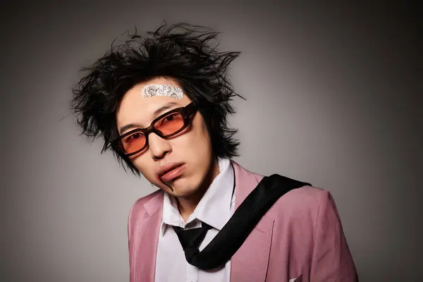 An asian man with blood on face dons trendy spring attire in a stylish studio, exuding confidence and flair. — Stock Photo