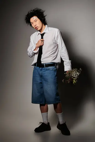 An asian man with blood on face showcases unique spring fashion in a studio — Stock Photo