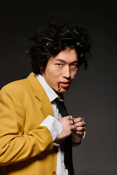 An asian man with blood on face showcases a daring fashion sense in a studio — Stock Photo