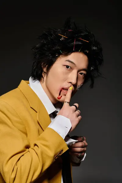 An asian man with blood on face models trendy spring attire in a studio — Stock Photo