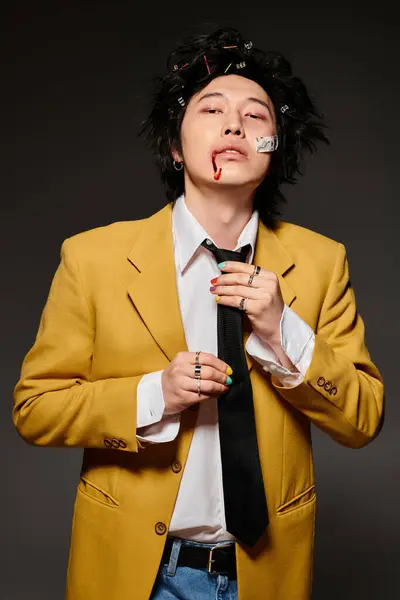 An asian man with blood on face showcases a striking spring fashion look in a studio — Stock Photo