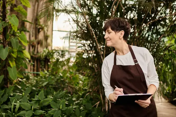 Mature woman in a greenhouse diligently working, surrounded by lush greenery and plants. — Stock Photo