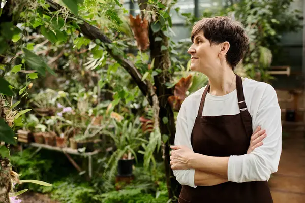 Mature woman stands proudly in a thriving greenhouse, surrounded by flourishing plants. — Stock Photo