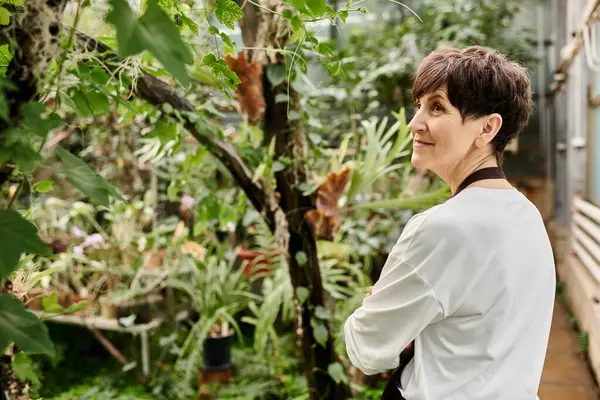 A confident woman nurtures plants in a vibrant, thriving greenhouse. — Stock Photo