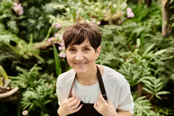 Mujer madura con pelo corto trabaja con confianza en un exuberante invernadero rodeado de vegetación. - foto de stock