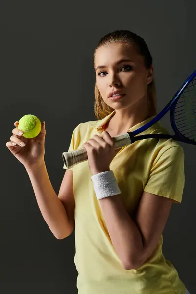 Young woman holds a tennis ball and racket, demonstrating her athletic prowess and focus. — Stock Photo
