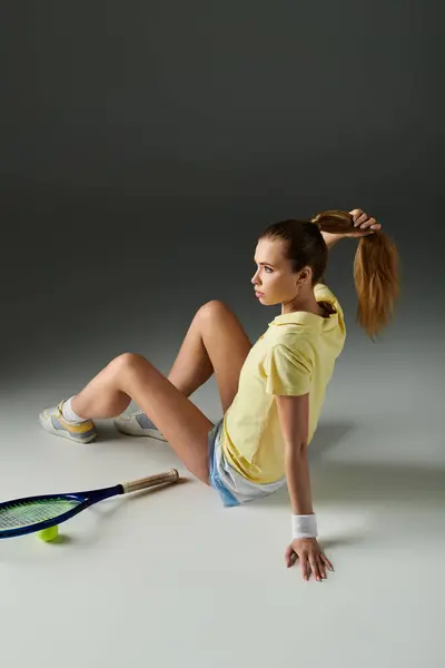 Una giovane donna si siede con grazia, pronta per la sua partita di tennis, concentrandosi sul suo gioco. — Foto stock