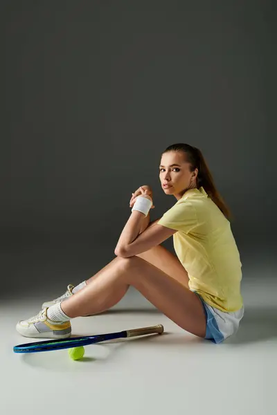 A talented young woman sits confidently on the court, ready to showcase her tennis skills. — Stock Photo