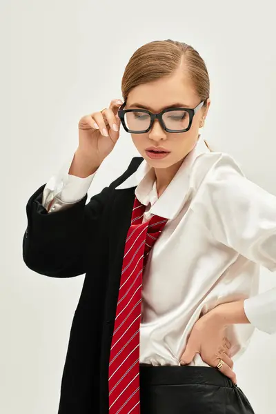 A young woman showcases her stylish outfit in the studio with an air of confidence and elegance. — Stock Photo
