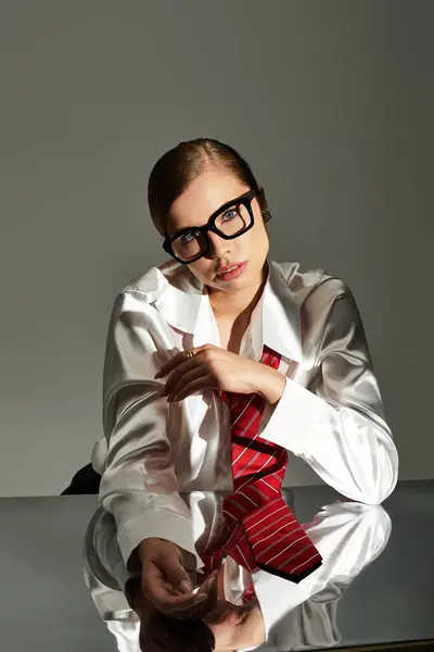 A beautiful young woman in a trendy outfit poses confidently in a sleek studio, exuding elegance. — Stock Photo